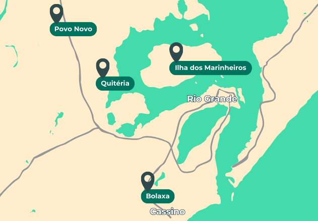 Mapa ilustrado mostrando a localização de Povo Novo, Quitéria, Ilha dos Marinheiros e Bolacha em relação ao Rio Grande, locais onde estão localizados os produtores do e-COO.